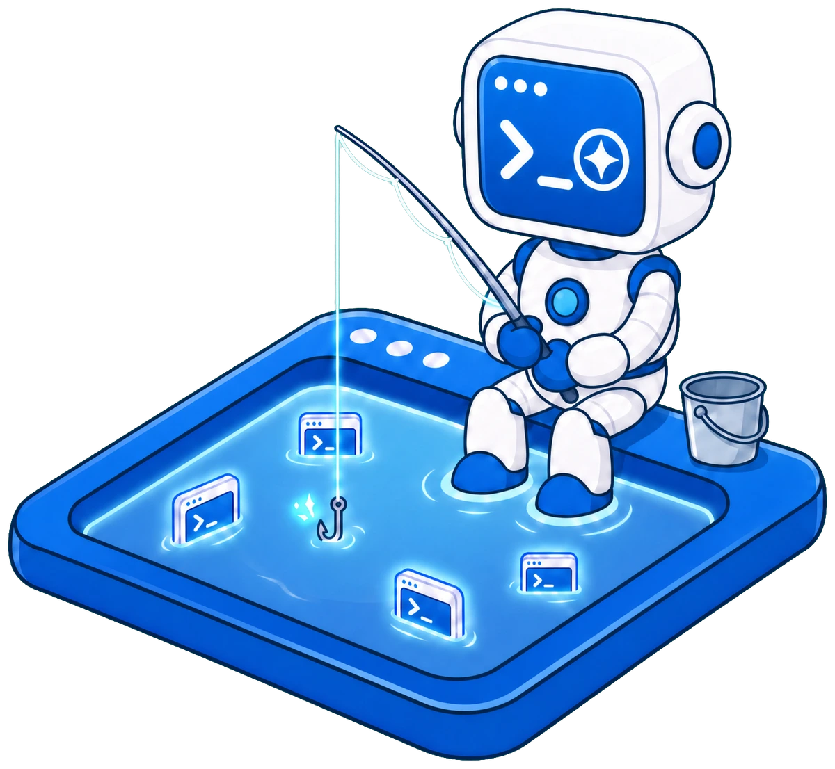 The Sponsored Code mascot fishing for the first impression, casting a line into a pool of terminal windows